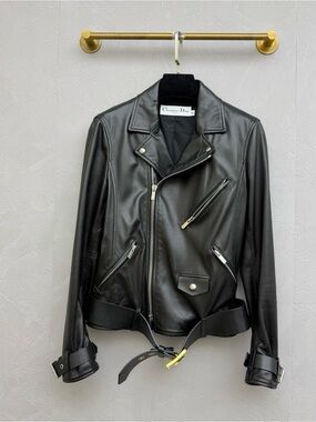 🚩steal Dior Black Leather Biker Jacket with Zip Details
